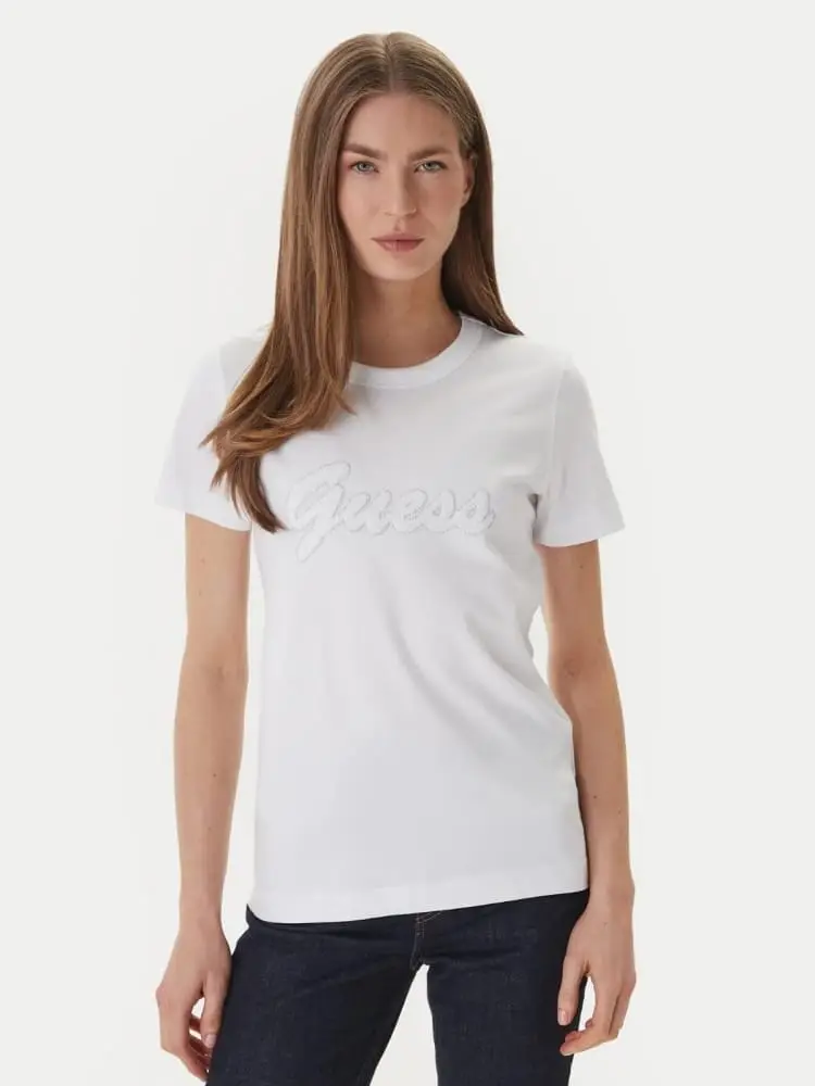 t-shirt donna in cotone bianco con logo con paillettes