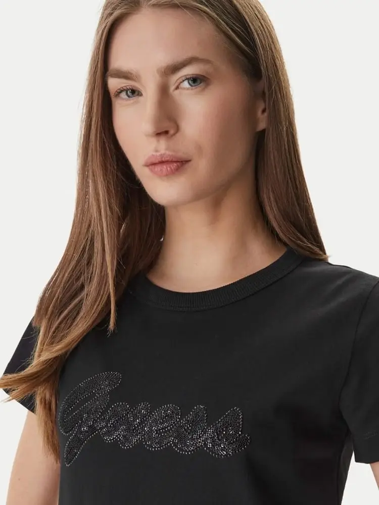 t-shirt donna in cotone nero con logo con paillettes miniatura 2