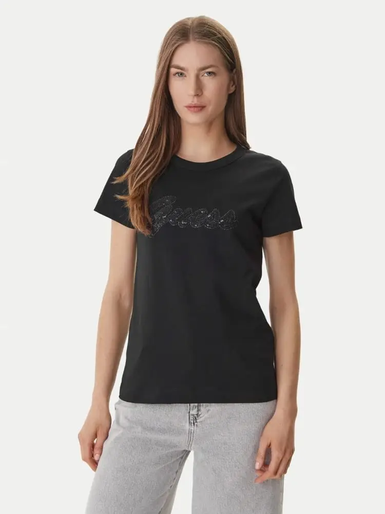 t-shirt donna in cotone nero con logo con paillettes