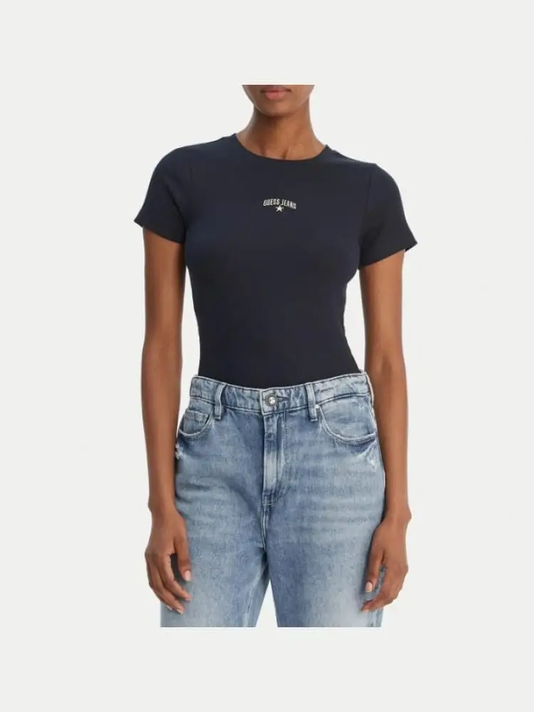 t-shirt donna in cotone nero con logo ricamato slim fit