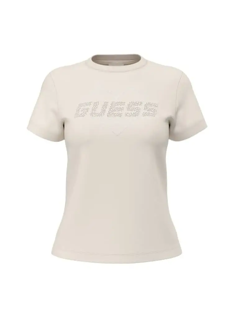 t-shirt donna narciso in cotone panna logo strass