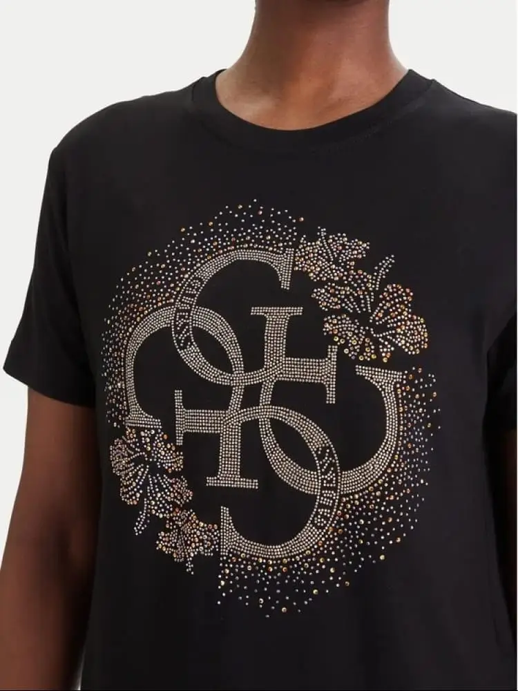 t-shirt donna nera regular fit con logo centrale in strass miniatura 3