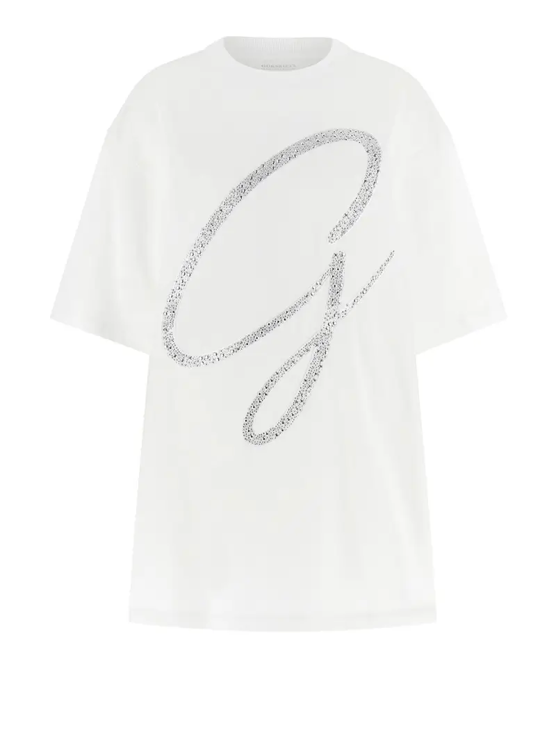 t-shirt guess maxi g studs da donna - bianco