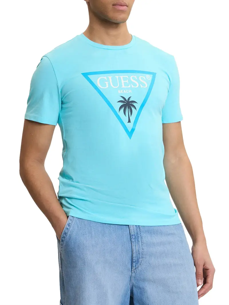 t-shirt guess new triangle palm da uomo - celeste