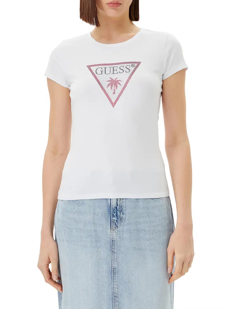 t-shirt guess triangle rhinestones da donna - bianco