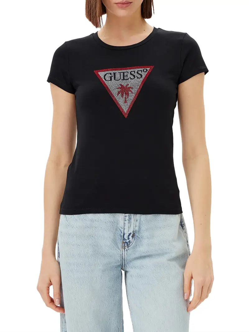 t-shirt guess triangle rhinestones da donna - nero