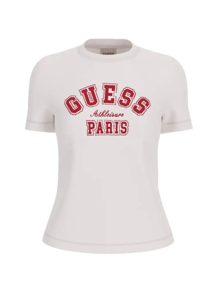 t-shirt in cotone bianco con logo lettering paris di strass