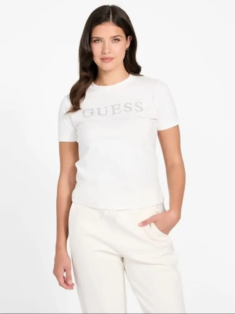 t-shirt in cotone bianco con logo lettering strass