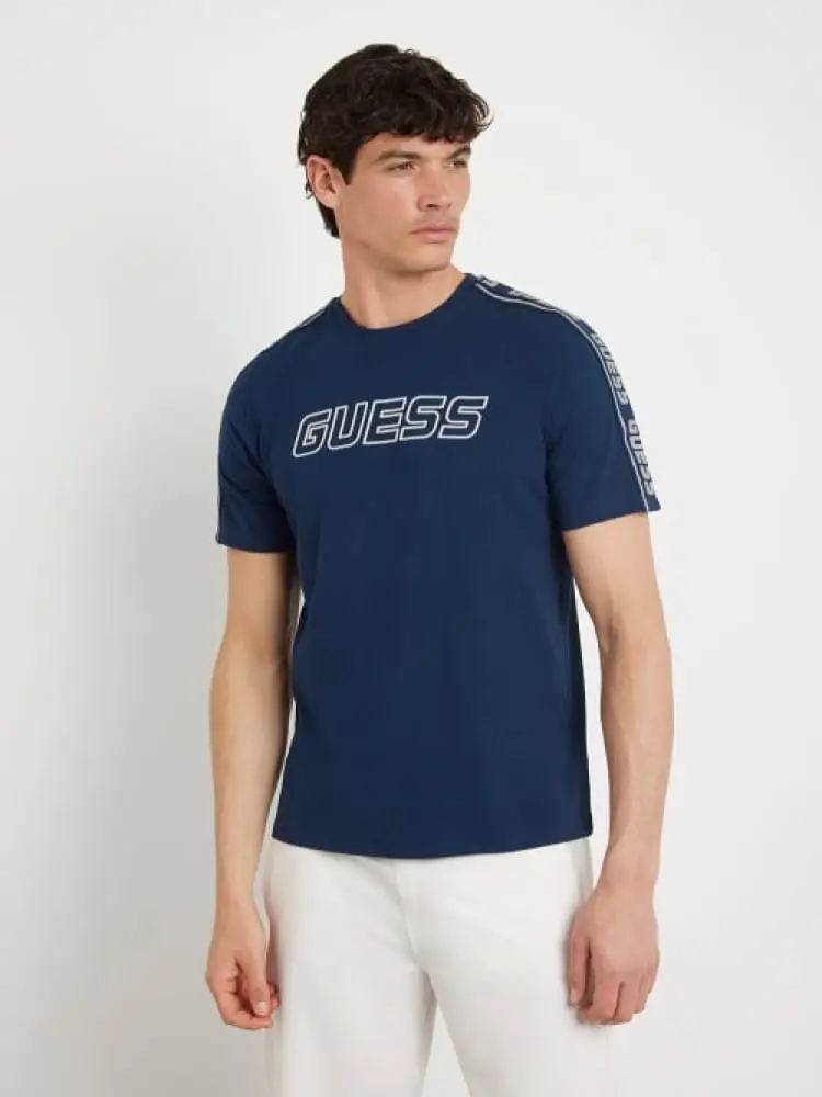 t-shirt in cotone stretch blu con logo frontale e banda logo