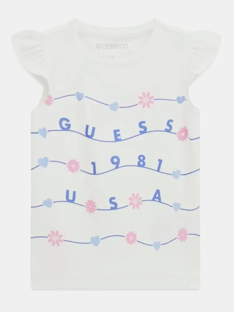 t-shirt infant/kids in cotone bianco con maniche volant e stampa frontale