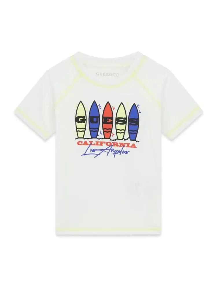 t-shirt infant/kids in cotone bianco con stampa surf e cuciture fluo