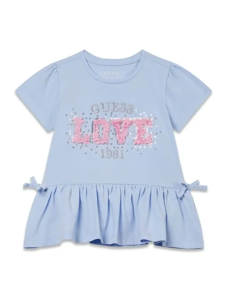 t-shirt infant/kids in cotone celeste con balza e stampa logo