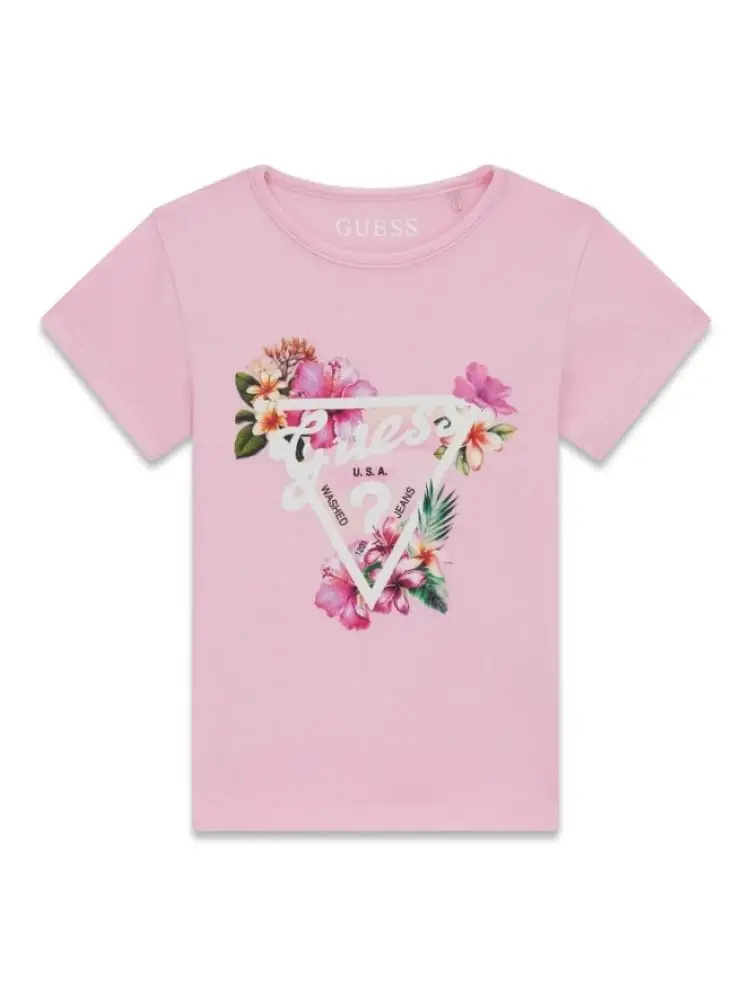 t-shirt infant/kids in cotone rosa con stampa logo triangolo e fiori