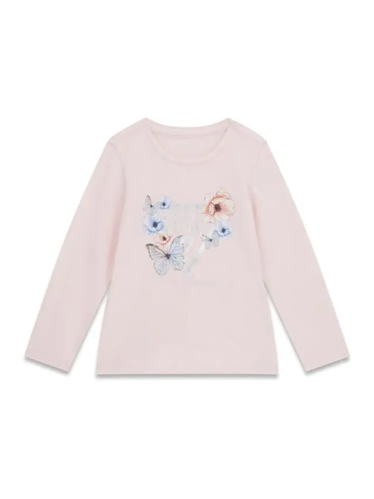 t-shirt infant/kids maniche lunghe in cotone rosa con stampa logo farfalle