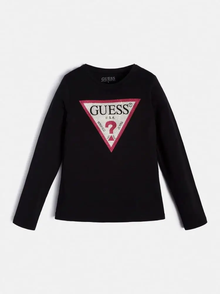 t-shirt kids-junior a manica lunga con logo e strass nera