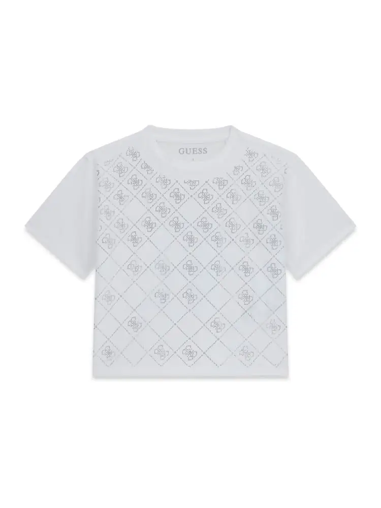 t-shirt kids-junior boxy fit in cotone bianco con logo 4g in strass