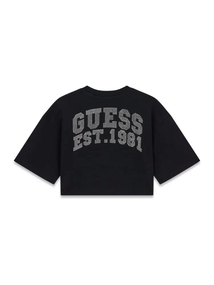 t-shirt kids/junior cropp in cotone nero con micro e maxi logo posteriore strass