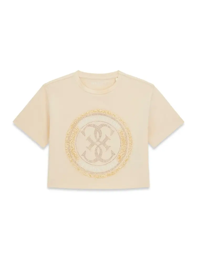 t-shirt kids/junior cropped beige con strass
