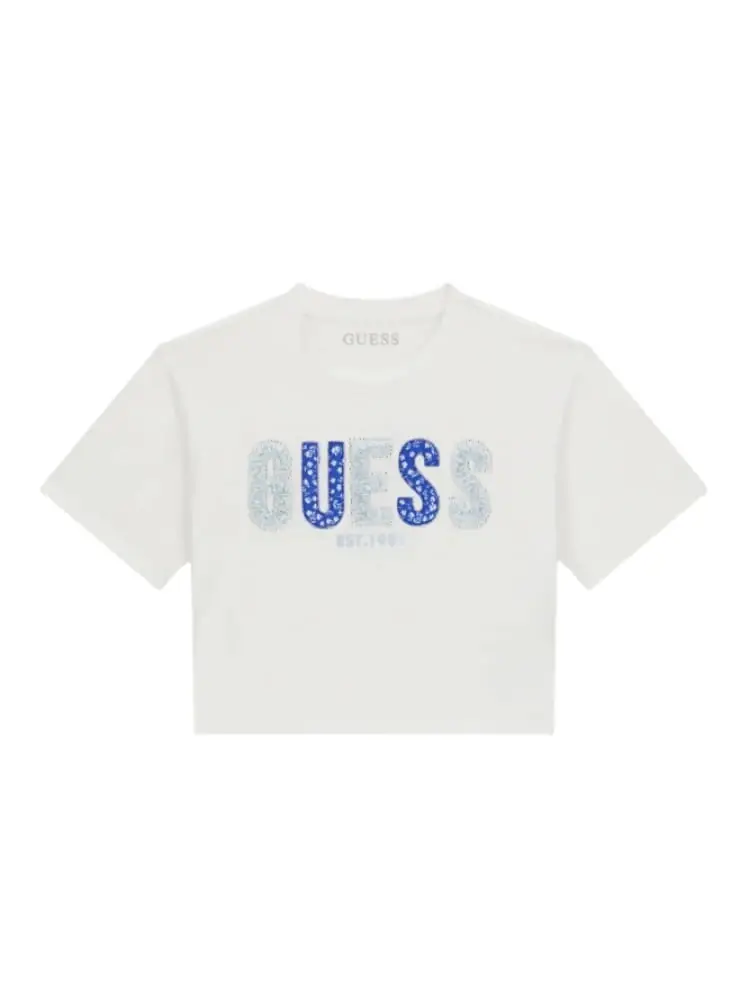 t-shirt kids/junior cropped bianca con ricamo logo relaxed fit