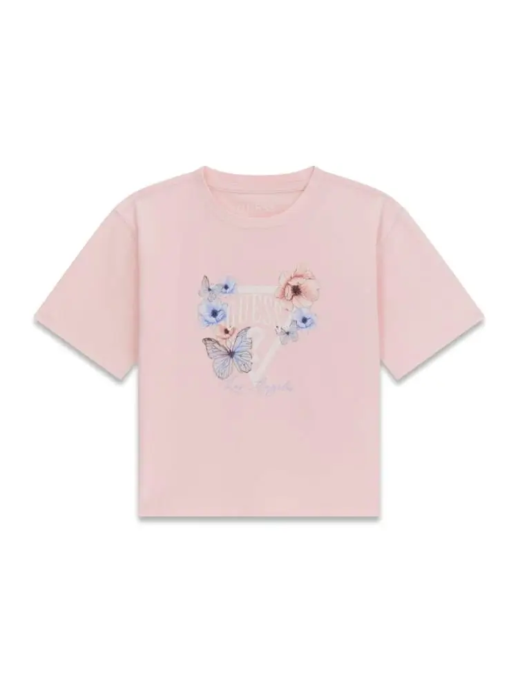 t-shirt kids/junior in cotone rosa con logo fantasia