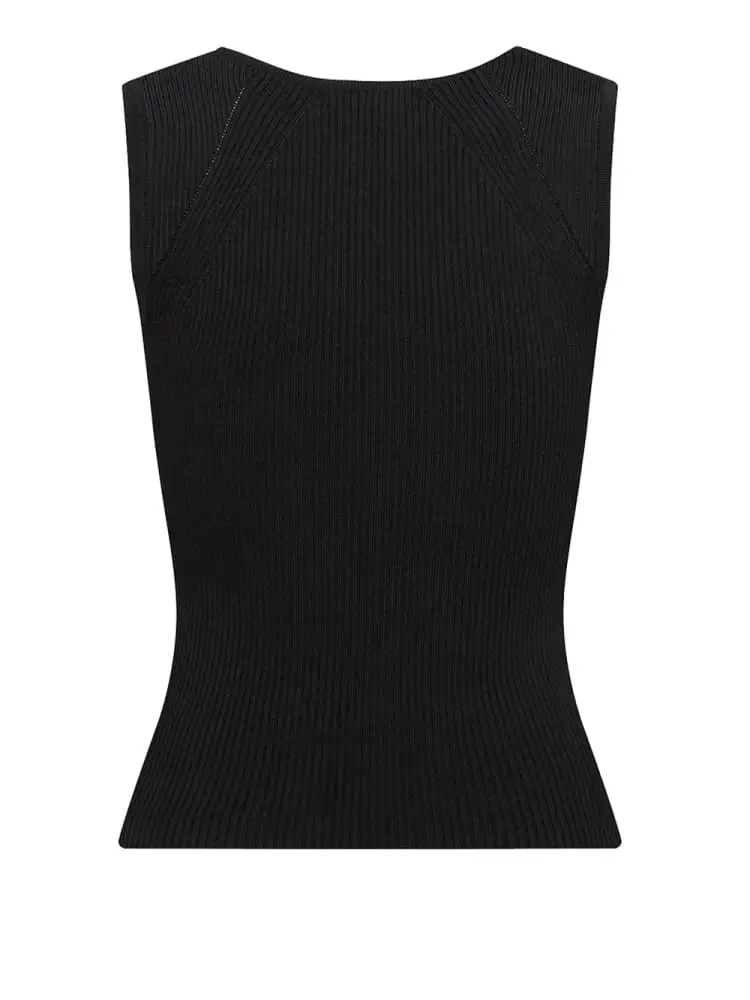 top donna a costine nero scollo a v slim fit miniatura 2