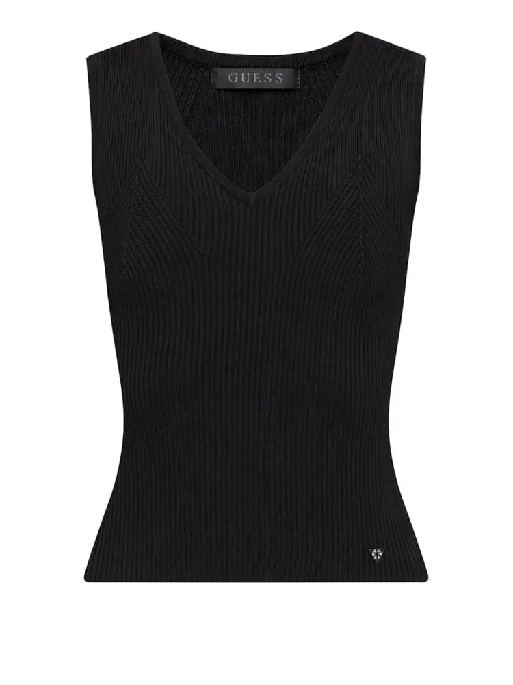 top donna a costine nero scollo a v slim fit