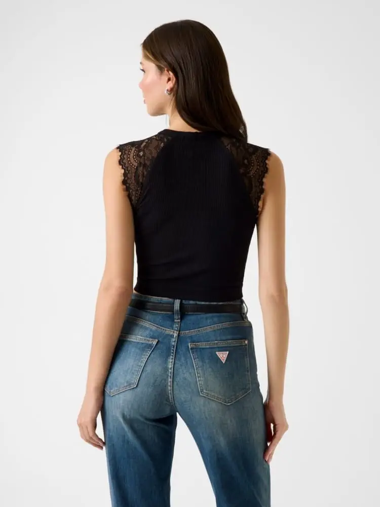 top donna in maglia nera e spalle in pizzo miniatura 3