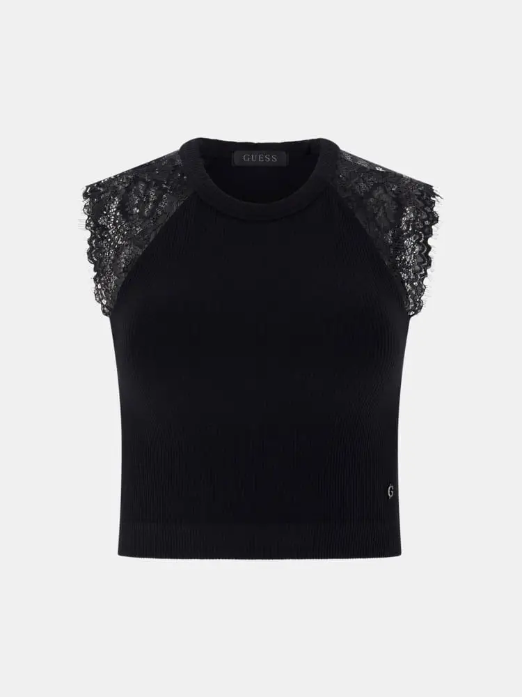 top donna in maglia nera e spalle in pizzo