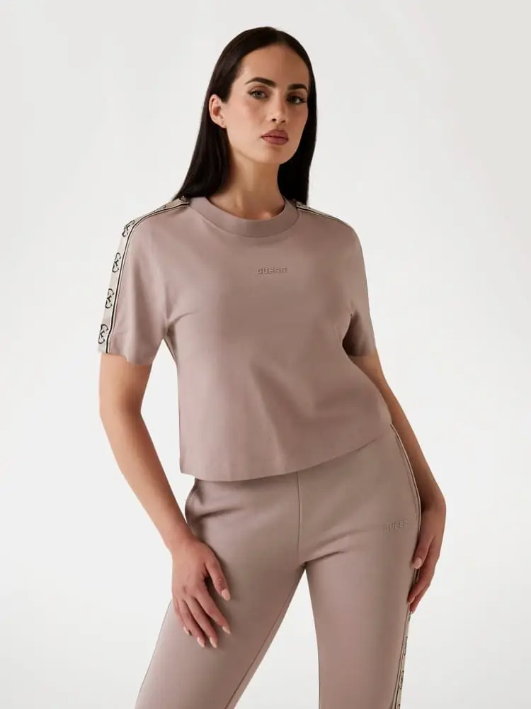 tshirt beige donna banda con logo