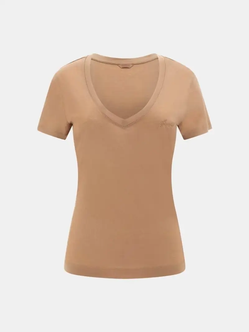 Guess tshirt beige donna in cotone scollo a v logo sul petto