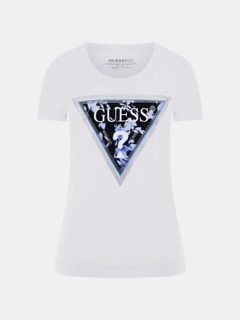 Guess tshirt bianca donna in cotone maxi logo con strass sul davanti