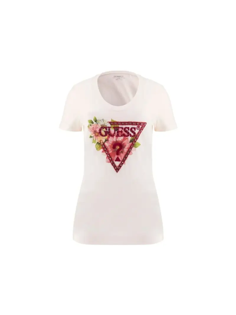 Guess tshirt bianca donna in cotone maxi logo floreale sul davanti