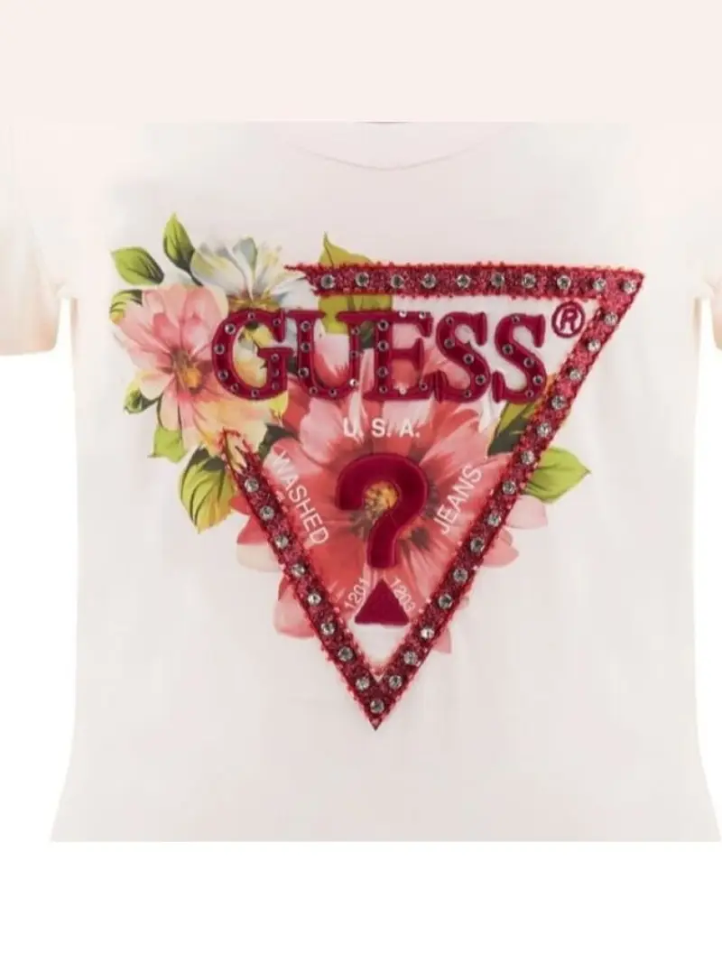 Guess tshirt bianca donna in cotone maxi logo floreale sul davanti miniatura 2