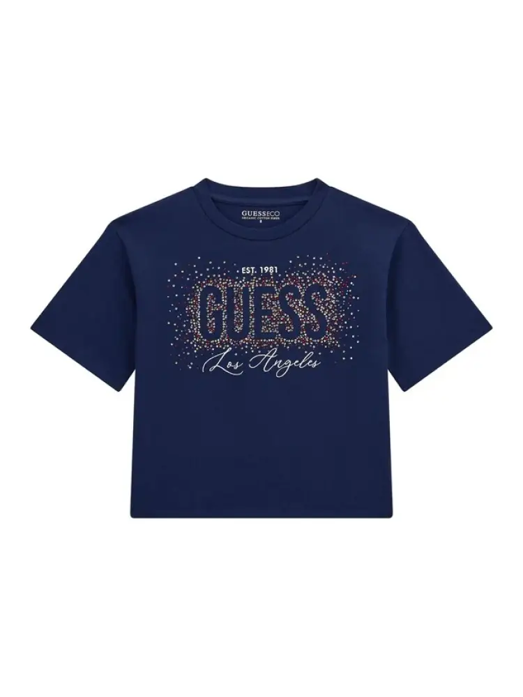 tshirt blu bambina logo con strass