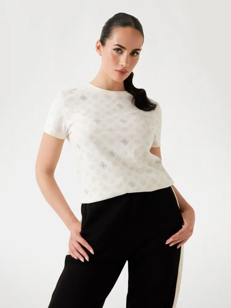 tshirt ecru donna in cotone logo all over