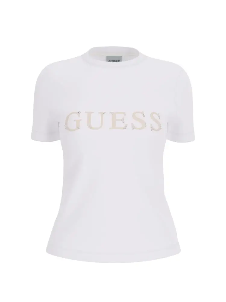 tshirt girocollo bianca logo lettering con strass