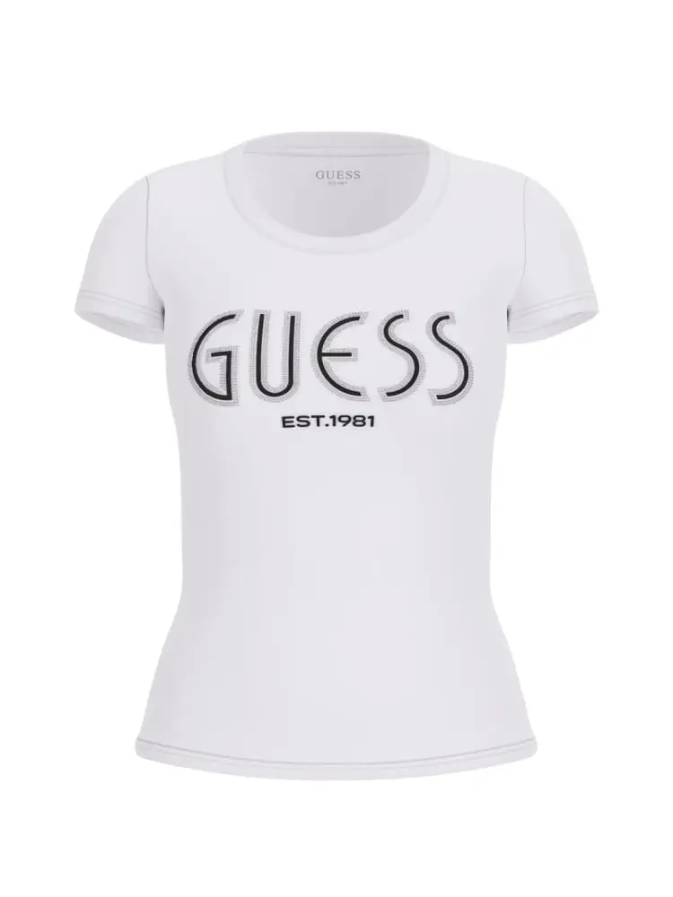 tshirt girocollo bianca logo lettering con strass