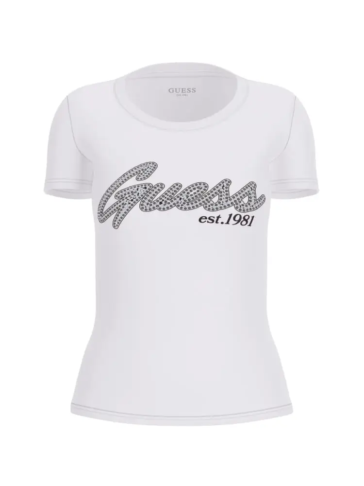 tshirt girocollo bianca logo lettering con strass