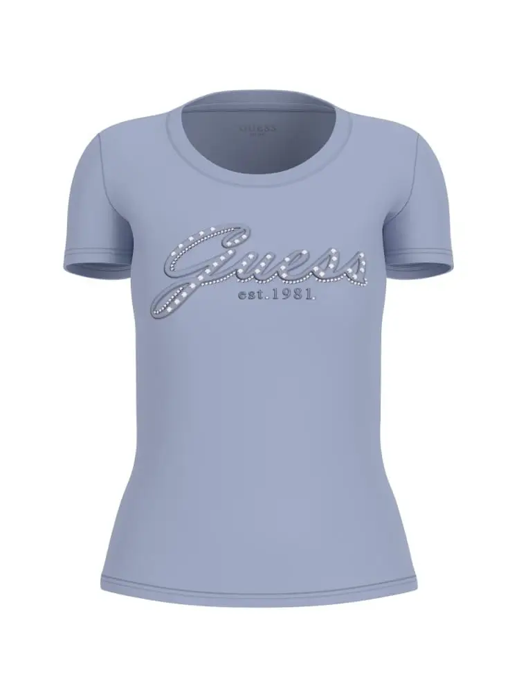 tshirt girocollo celeste con logo lettering davanti