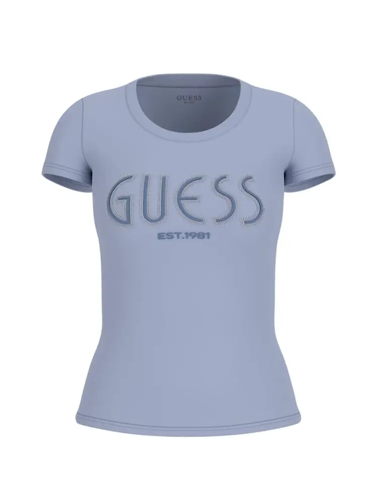 tshirt girocollo celeste logo lettering con strass