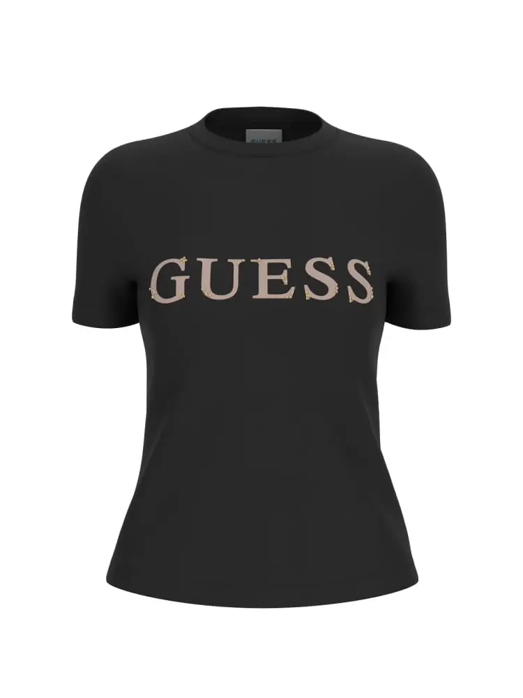 tshirt girocollo nera logo lettering con strass