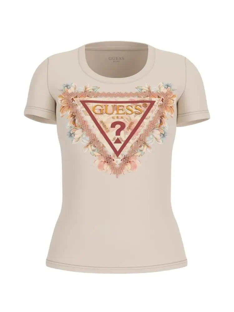 tshirt girocollo rosa big logo triangolo con strass
