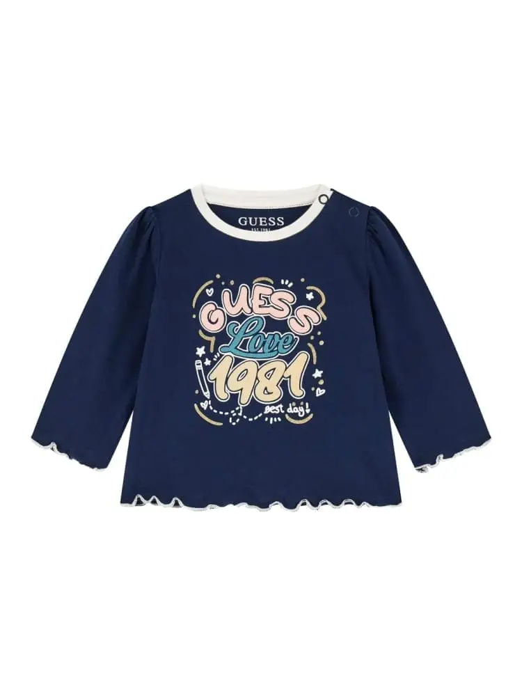 tshirt infant blu con bordino in contrasto sul collo e stampa logo davanti