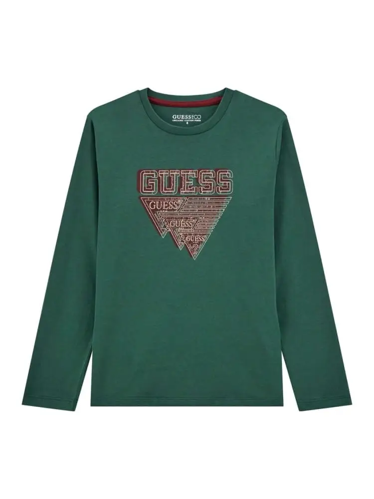 tshirt junior verde manica lunga con logo centrale in contrasto