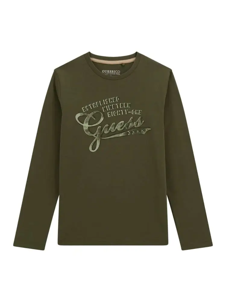 tshirt junior verde militare manica lunga con logo all over