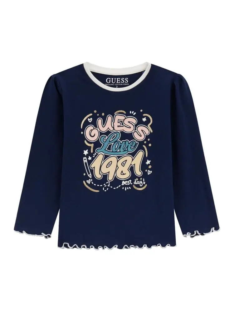 tshirt kids manica lunga blu con bordino sul collo big stampa frontale