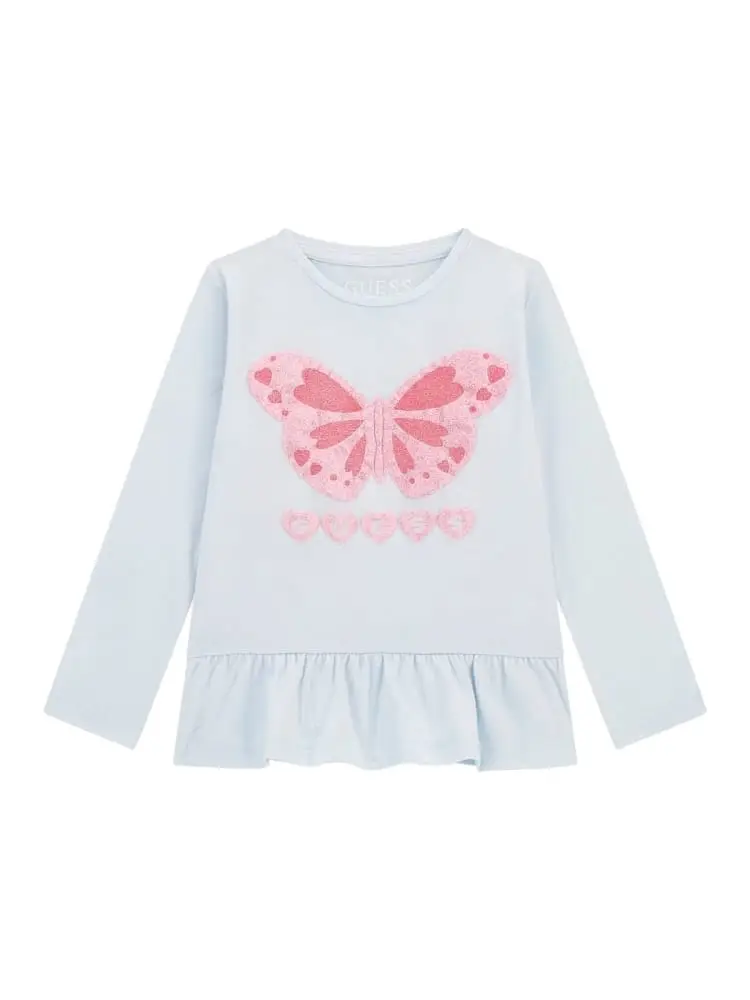 tshirt kids manica lunga celeste con big stampa farfalla e volant