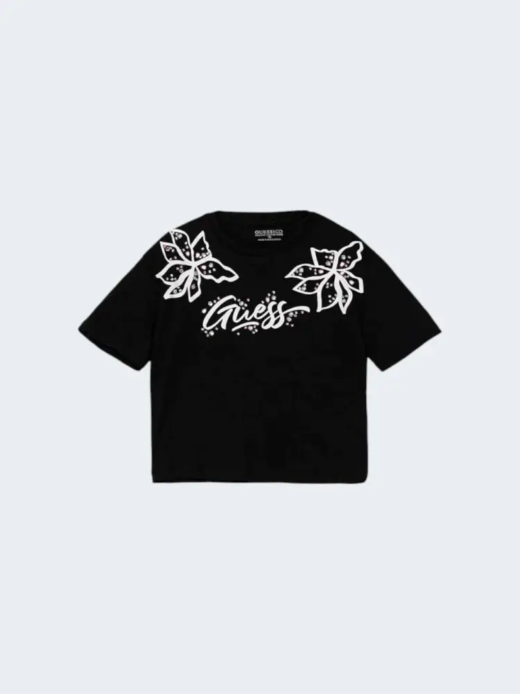 tshirt nera bambina in cotone crop maxi logo sul davanti