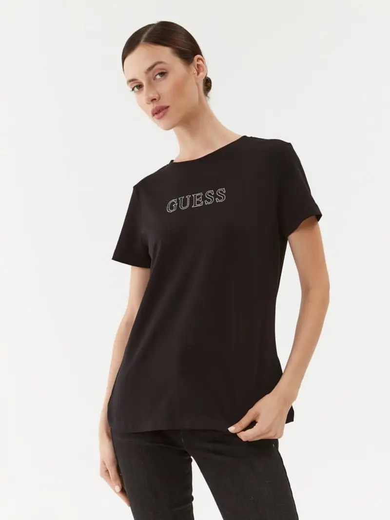 Guess tshirt nera donna in cotone logo con strass sul davanti
