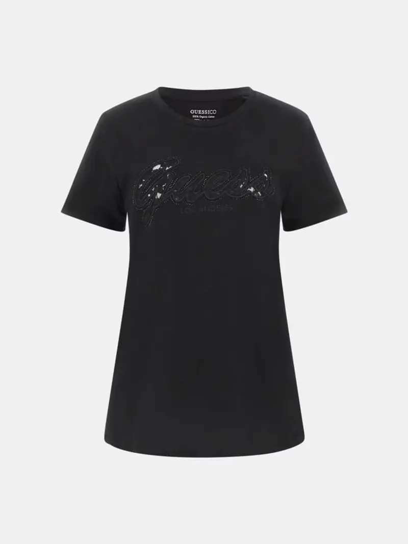 Guess tshirt nera donna in cotone logo ricamato con strass sul davanti